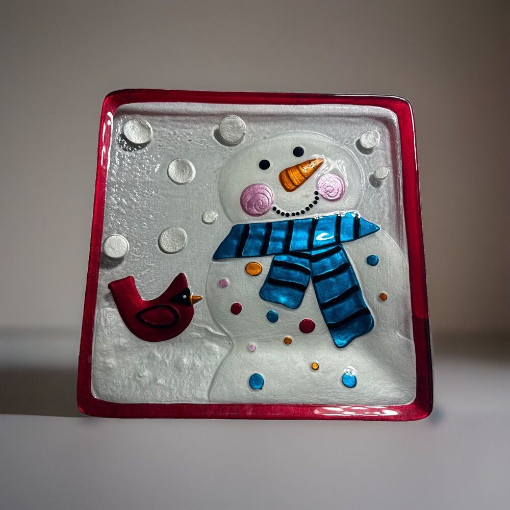 Hand Blown Glass Art Snowman Serving Plate By Lori Siebert For Silvestri Demdaco